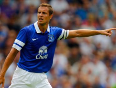 Everton's Phil Jagielka shows Crystal Palace which way the Championship is.